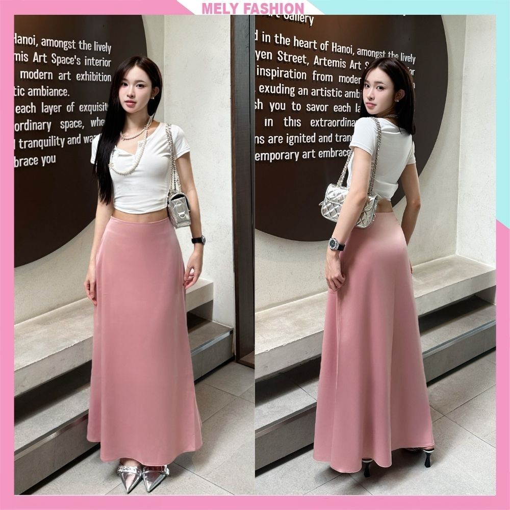 Chân váy lụa đuôi cá midi dáng A 90cm Mely Fashion cạp cao che bụng tôn eo dễ phối đồ 2 lớp có bigsi
