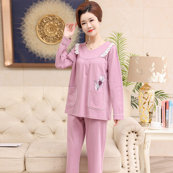 winter pajamas nightgowns Đồ ngủ nữ thu đông trung niên cotton dài tay