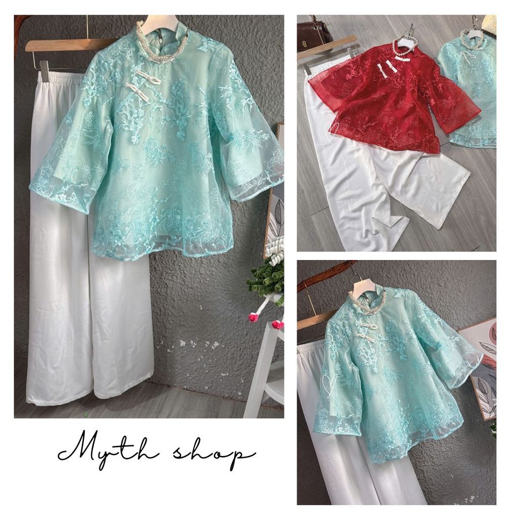 Set cách tân áo ren thêu + quần lụa suông trắng phù hợp các dịp lễ Tết