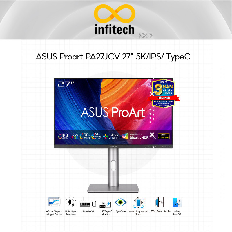 Màn hình đồ hoạ ASUS Proart PA27JCV 27” 5K/IPS/DP/HDMI/USB-C/USB hub/Jack 3.5/60Hz/5ms/Loa/VESA/Đen