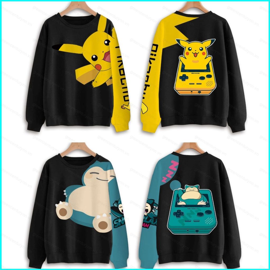 Áo hoodie 3D Pikachu và Snorlax cho cosplay, cổ tròn, tay dài, phù hợp mọi kích cỡ