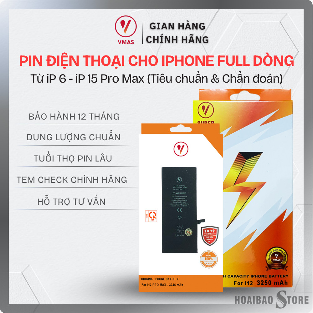 Pin cho iPhone chính hãng Vmas từ iP 6 đến iP 15 Pro Max Tuổi thọ pin cao