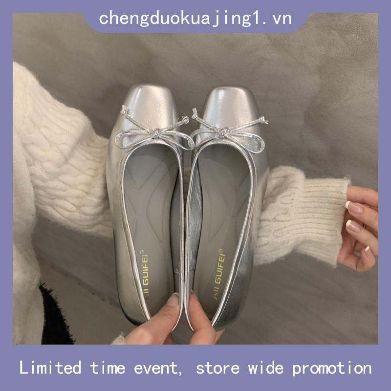 FACESUN Giày đế vuông mũi nông cho nữ Xuân Thu kiểu Pháp mới nhẹ nhàng cổ tích giày ba lê đế bằng