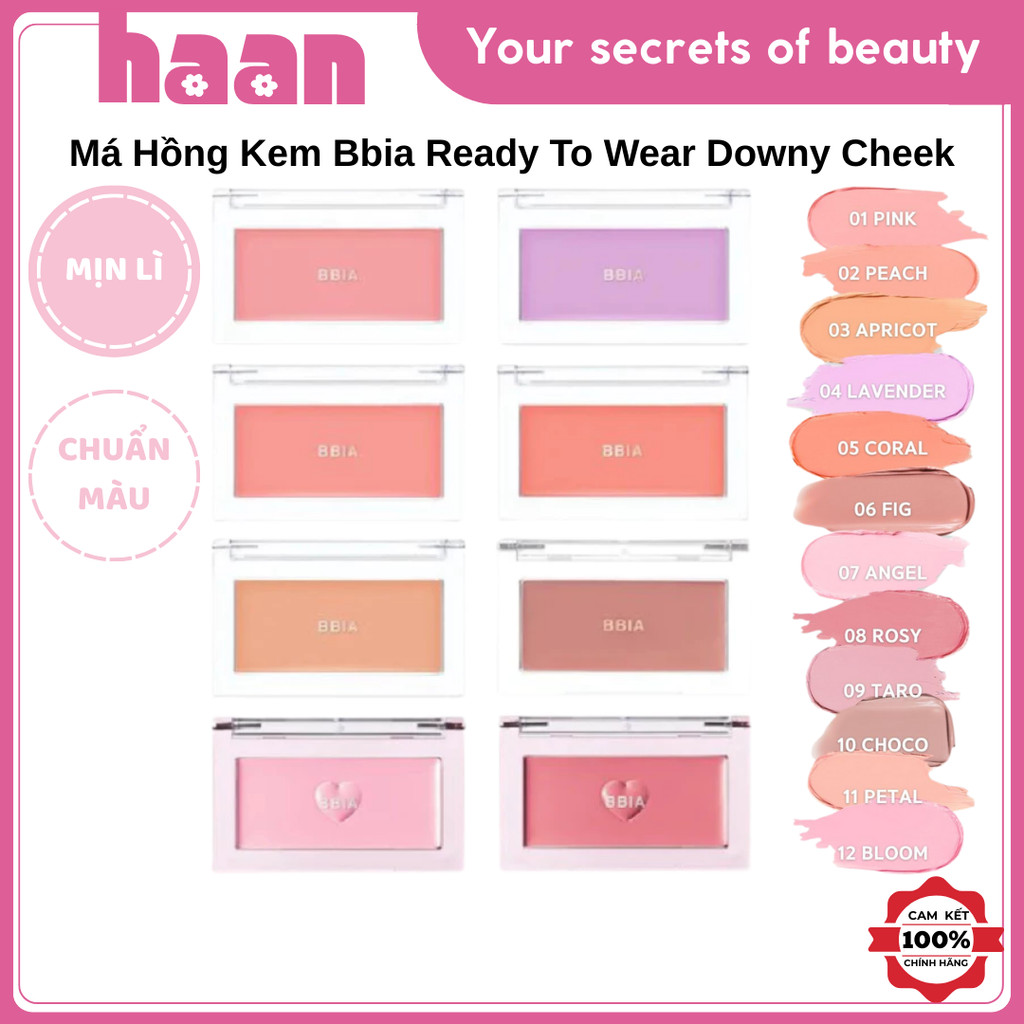 Phấn Má Hồng Kem Bbia Ready To Wear Downy Cheek, Mỏng Nhẹ, Mềm Mịn, Màu 01 Pink, 02 Peach, 08 Rosy
