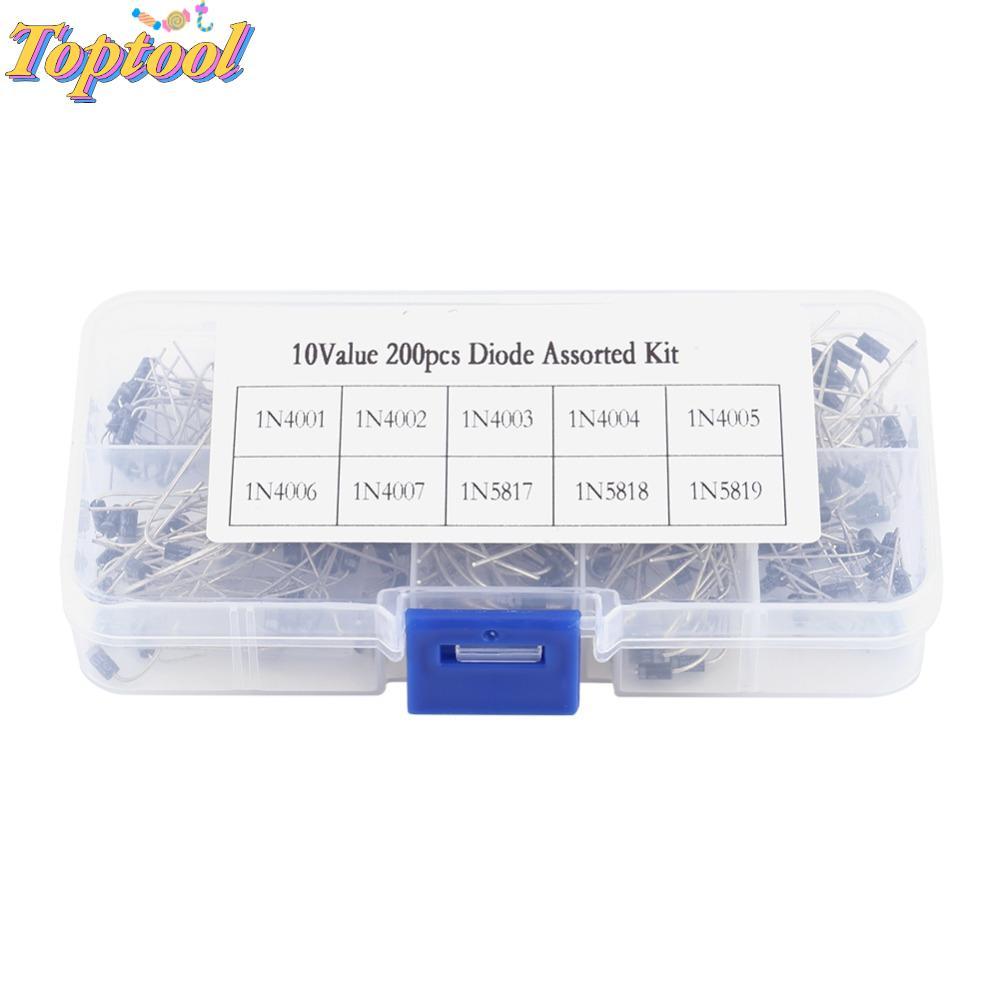 TOPTOOL 200 Bộ Điện Tử, 10 Giá Trị 1N4001 ~ 1N4007 Bộ Phân Loại Diode Chỉnh Lưu, Hộp Bảo Quản Bền 20