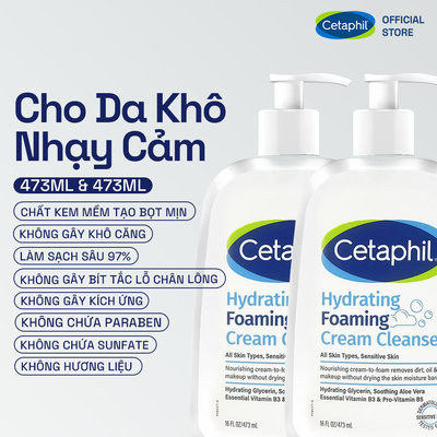 [SVIP] Combo 2 Sữa rửa mặt tạo bọt dịu lành cho da khô nhạy cảm Cetaphil Hydrating Foaming Cream Cleanser 473ml