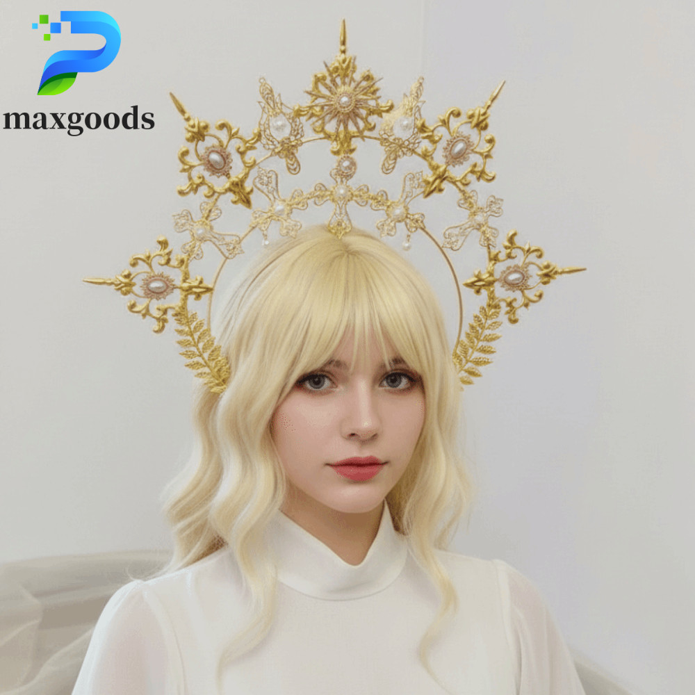 maxgoods MAXGOODS Sun Goddess Crown, Băng đô giả Baroque Tiara cổ điển, Gothic Glory Crown mạ Spike 