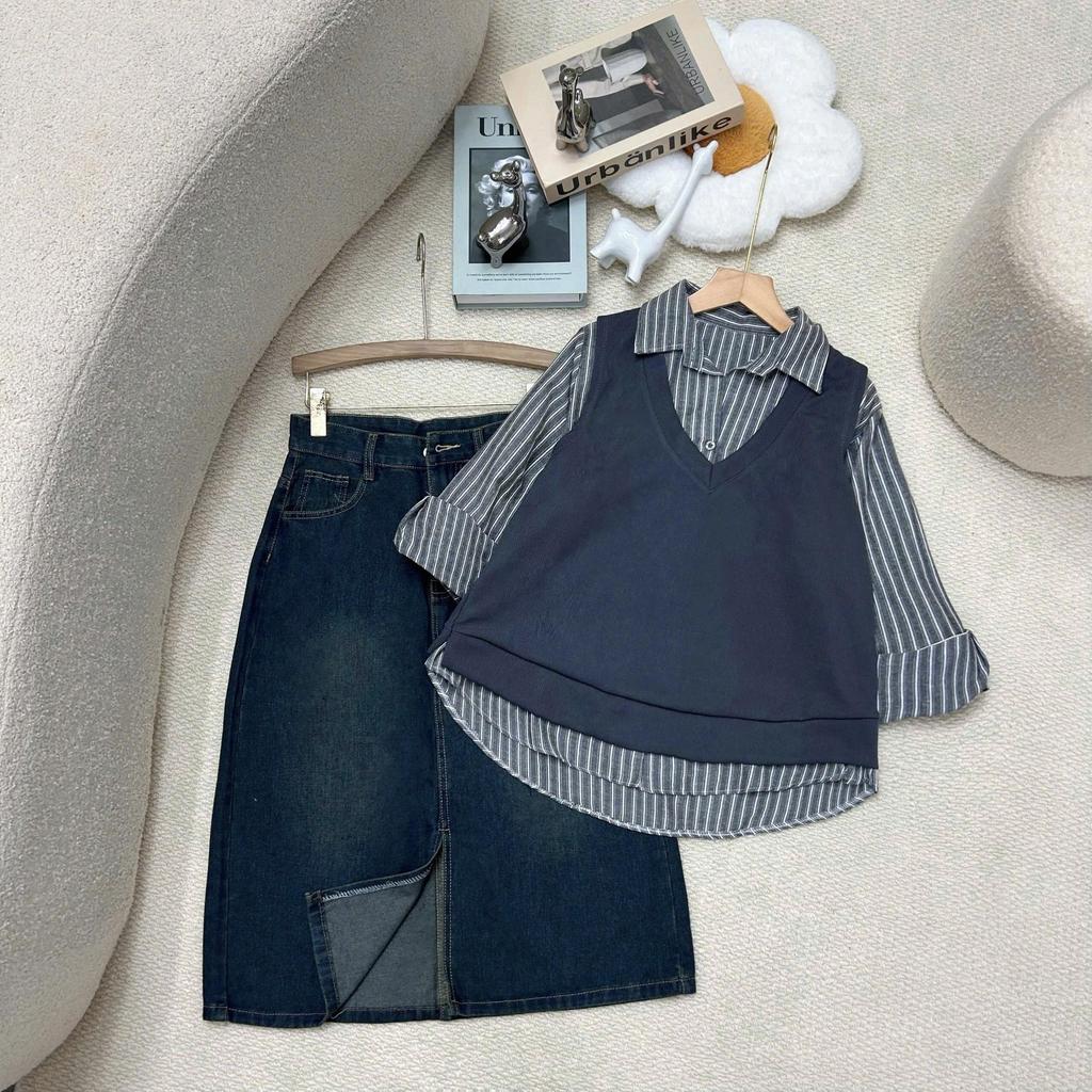Set Tự Chọn Bigsize Nữ Áo Sơ Mi Kẻ Sọc Mix Ghi Lê Và Chân Váy Jean Ngang Gối ( A238 +A335+V5) TỔNG H