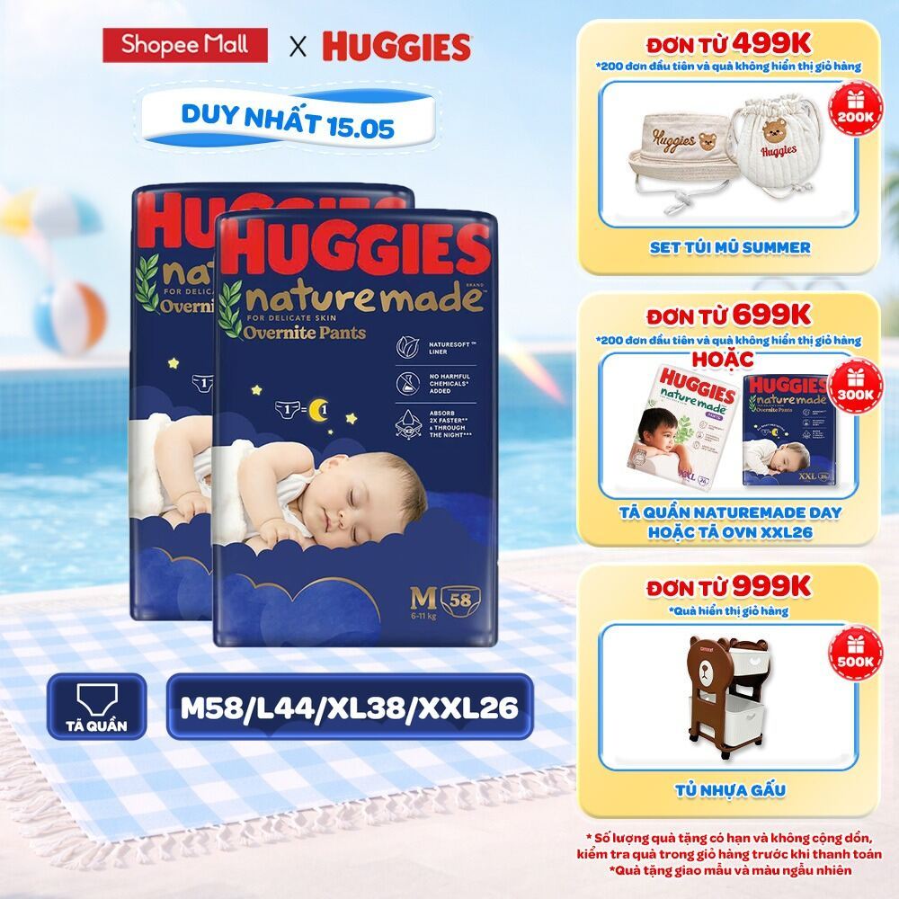 [Live Độc Quyền] Combo 2 Tã quần Huggies Naturemade ban đêm M58/L44/XL38/XXL26