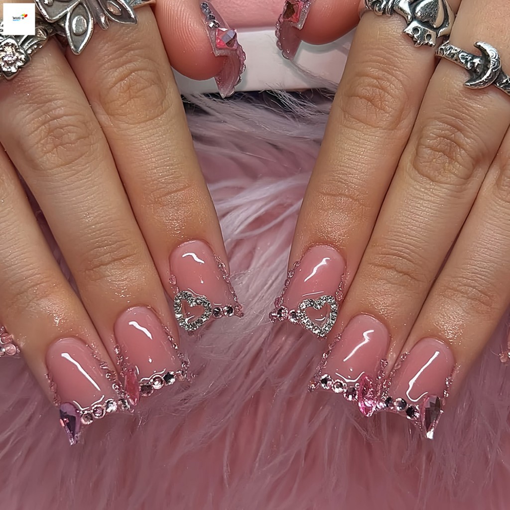 Bejeweled Mỏ Vịt Móng Tay Giả 24 Miếng Kim Cương Giả Trang Trí Nhẹ Thoải Mái Phù Hợp Cho Tiệc Cưới