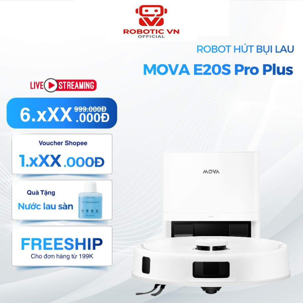 Robot Hút Bụi Lau Nhà Mova E20S Pro Plus 13.000Pa, Chổi Chống Rối | BH 36 Tháng