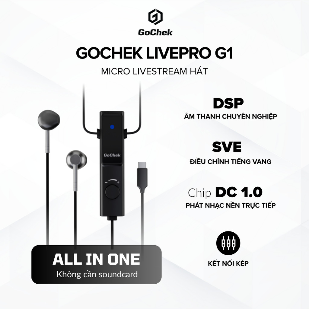 Micro thu âm Gocheck LivePro Sku G1 có dây, 2 đầu typeC + lighting