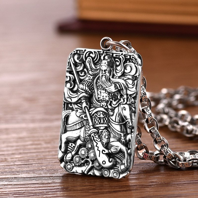 Luotai Old Silversmith 99 Bạc Nguyên Chất Thần Tài Quan Công Mặt Dây Chuyền Độc Đoán Retro Thái Lan 