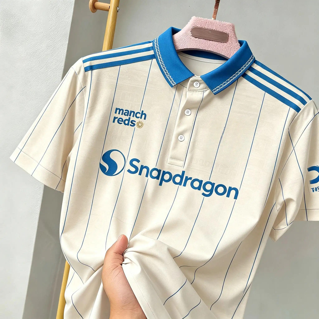 Áo sơ mi polo theo chủ đề Manchester United cổ điển có viền xanh hải quân, thiết kế họa tiết cổ điển
