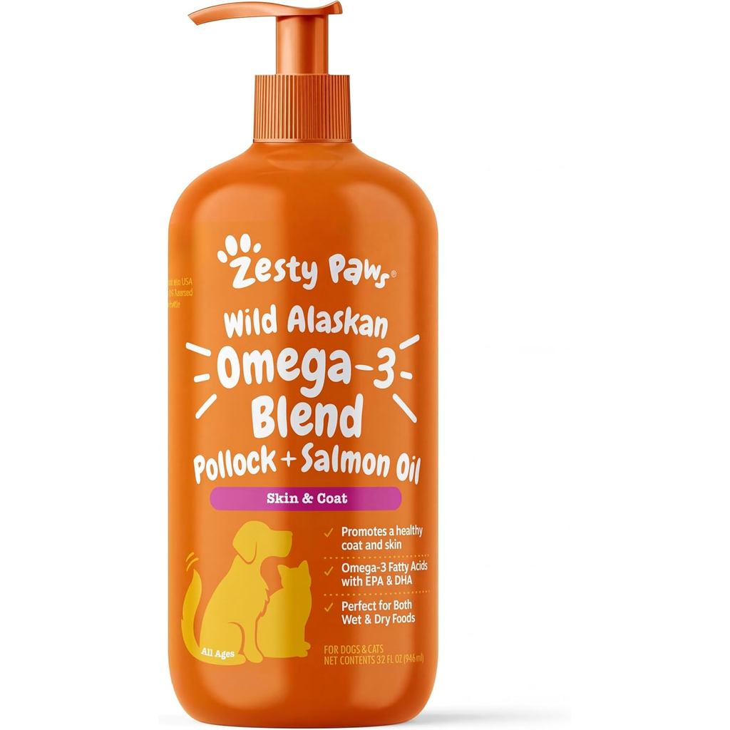 Zesty Paws Wild Alaskan Omega-3 Blend Pollock + Salmon Oil for Dogs and Cats- Skin and Coat Support,