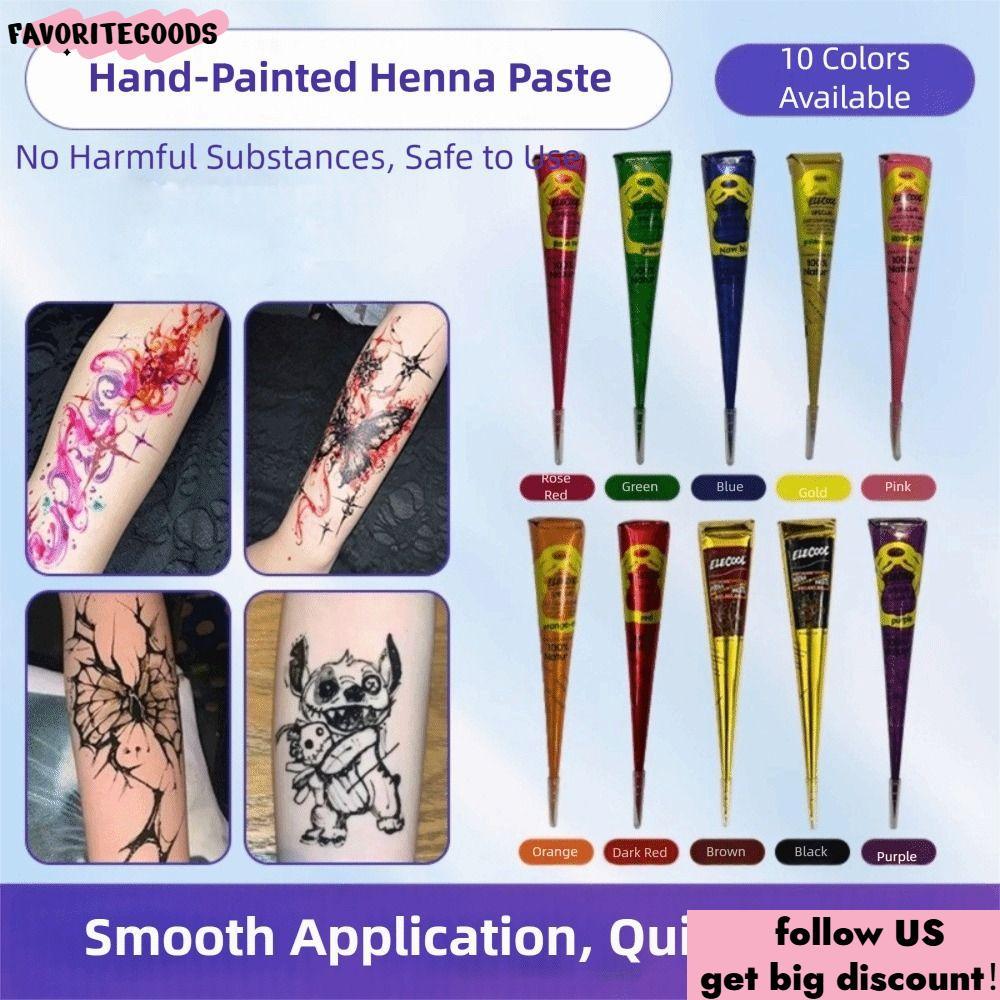 FAVORITEGOODS Henna Tattoo Cream, Black Brown Semi-permanent Henna Paste Cone, Body Art Dễ sử dụng K