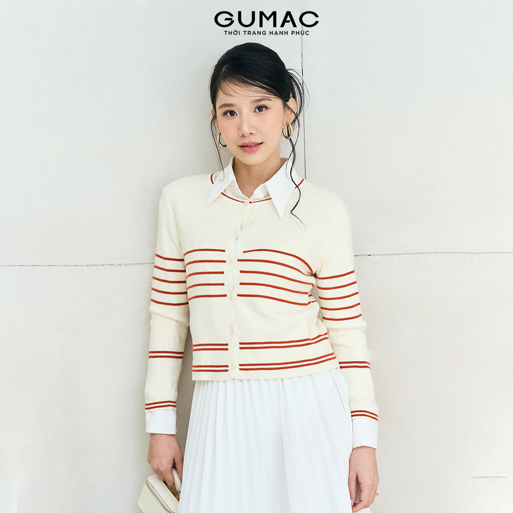 Áo khoác cardigan nữ GUMAC phom suông cổ tròn phối sọc màu chất len mềm không túi AF12017