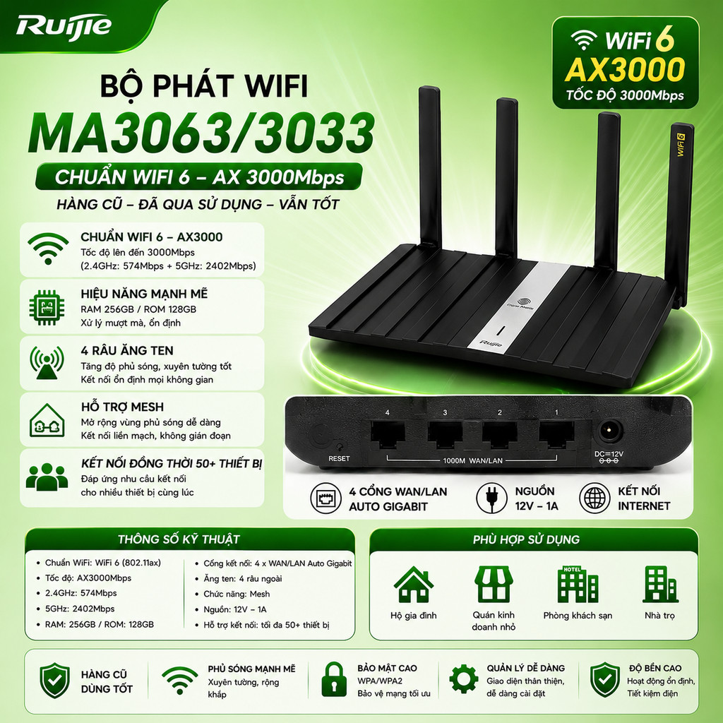 Bộ Phát Wifi Ruijie MA3063- Chuẩn Wifi 6- Ax 3000Mbps- Đã qua sử dụng MA3062 MA3063 RG-MA3062