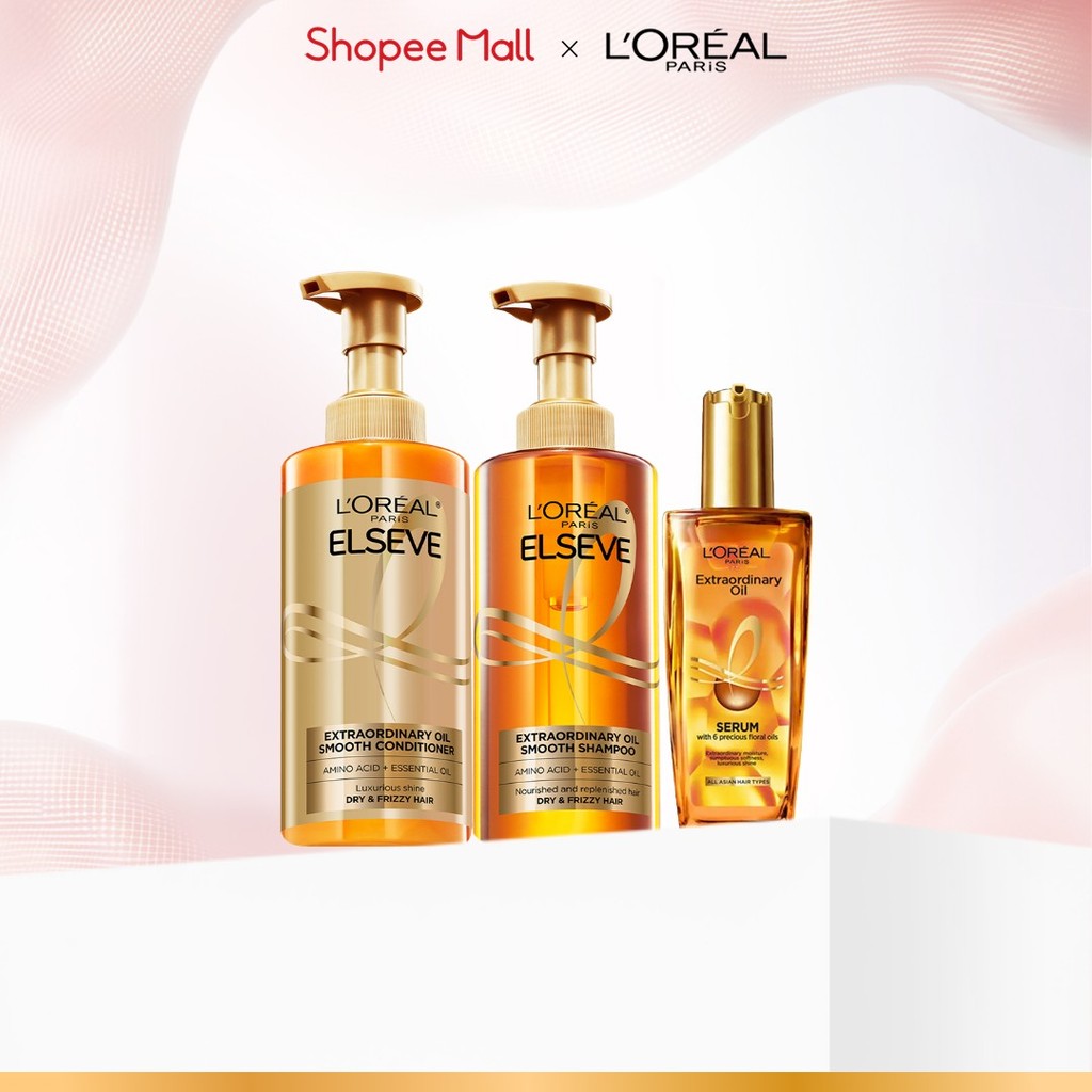 Bộ gội xả dưỡng tóc suôn mượt tóc cao cấp L'Oreal Paris Sleek 440ml x2 & Dầu dưỡng chiết xuất tinh d