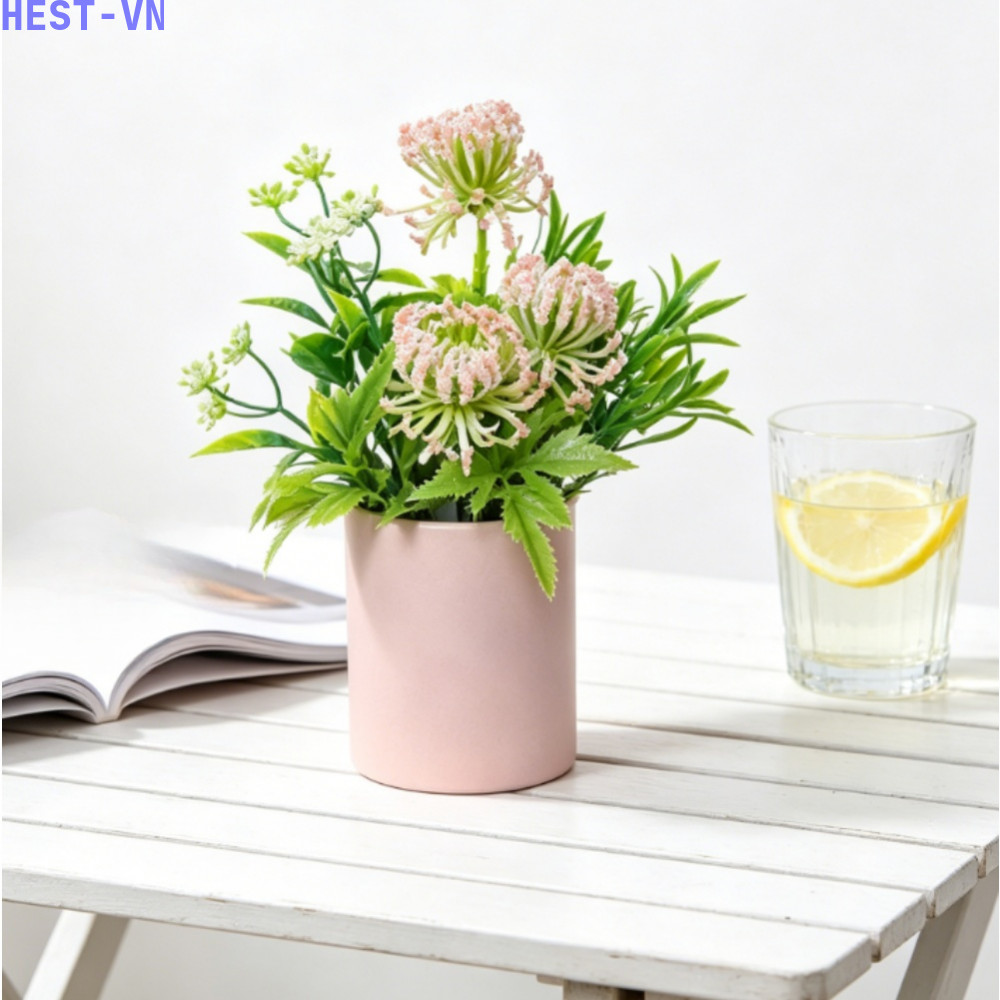 Artificial Spring Potted Plant with Pink Rose Lavender Olive Leaves for Desk Use