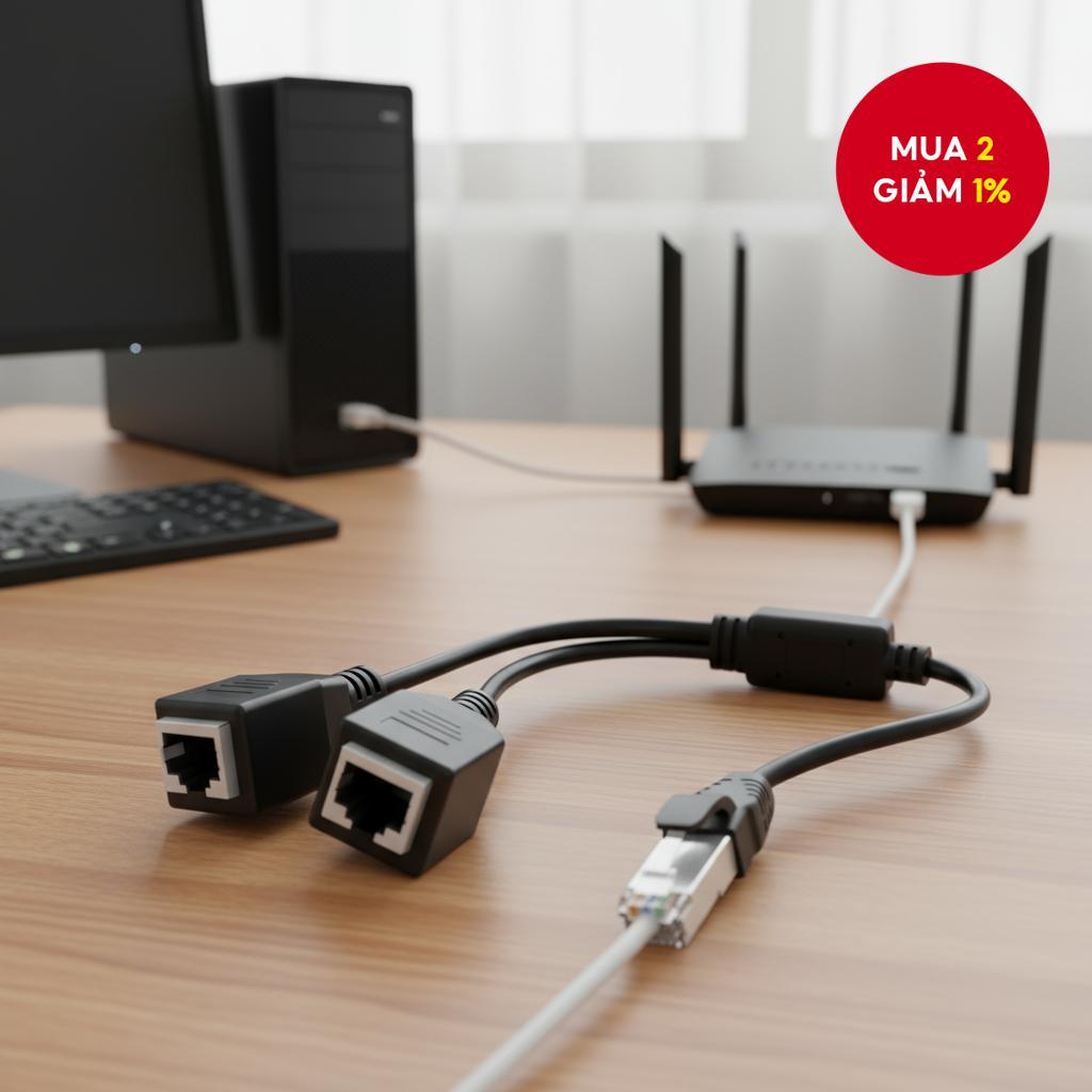 Bộ chia cổng RJ45 Ethernet từ 1 sang 2, cáp RJ45 đực sang đôi cái cho kết nối Cat5, Cat5e, Cat6, Cat