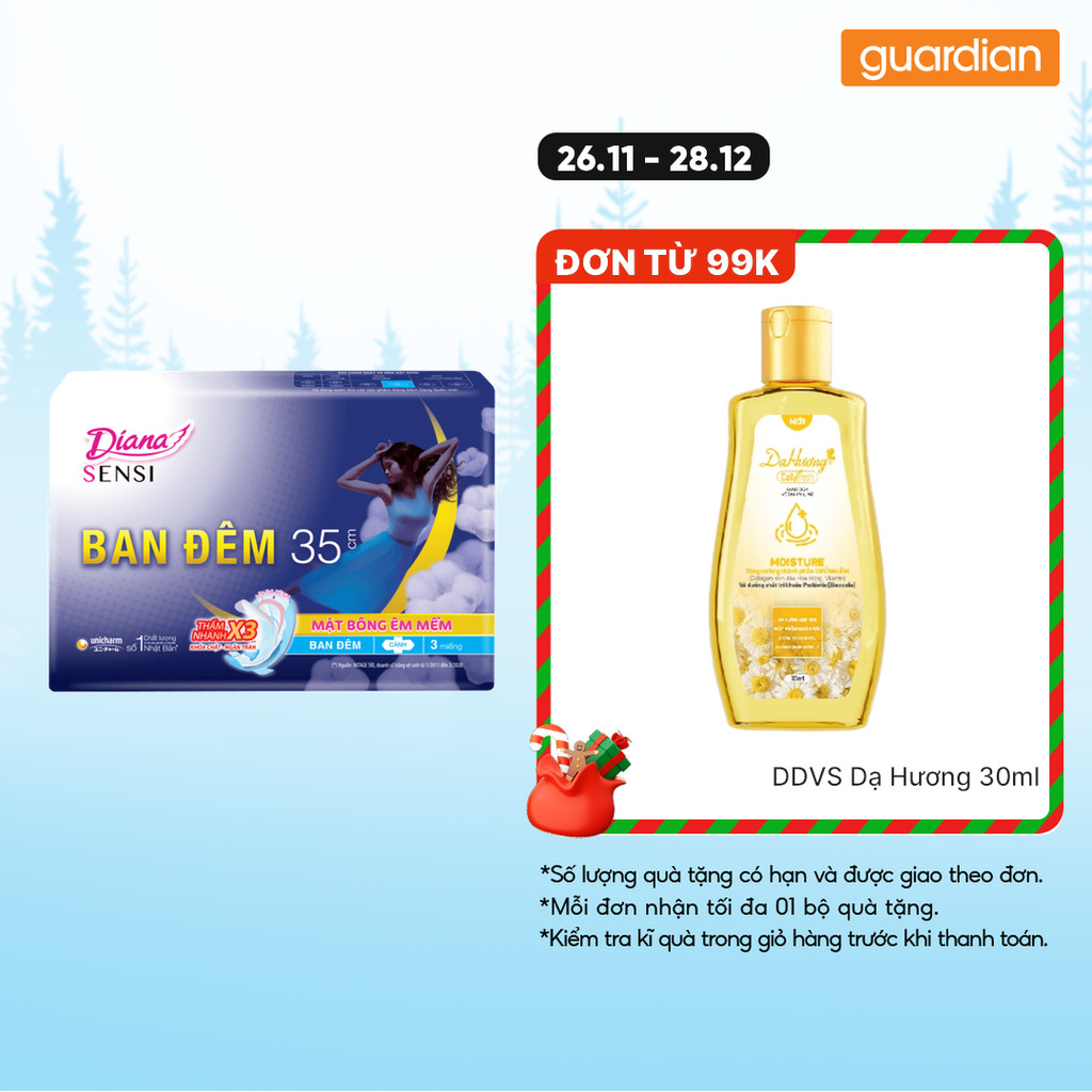 Băng Vệ Sinh Ban Đêm Sensi Night Có Cánh 35cm Diana 3 Miếng