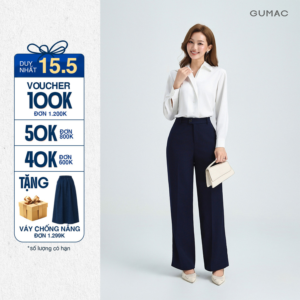 [Size XS - XXL] Quần tây nữ ống suông GUMAC dài 99cm tôn dáng lưng cao cài quai dê chất liệu tuyết m