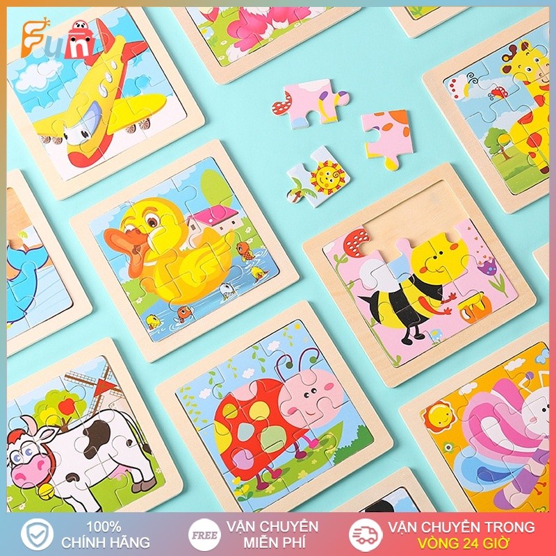 Combo 10 Xếp Hình Gỗ 9 Miếng - Ghép Hình Puzzle 9 Miếng In Hình Ngộ Nghĩnh Bằng Gỗ Cho Bé