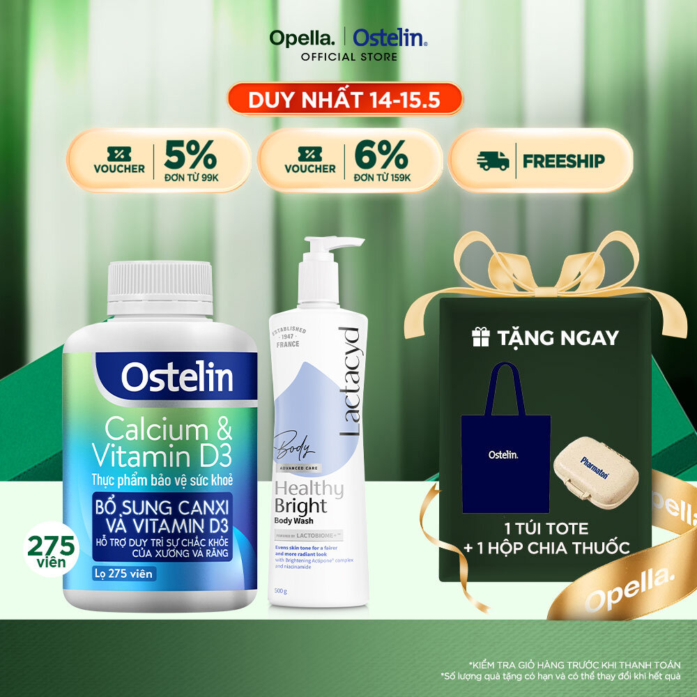 Ostelin Viên Uống Hỗ Trợ Bổ Sung Calcium & Vitamin D3 275 viên + Sữa tắm Lactacyd Healthy Bright 500