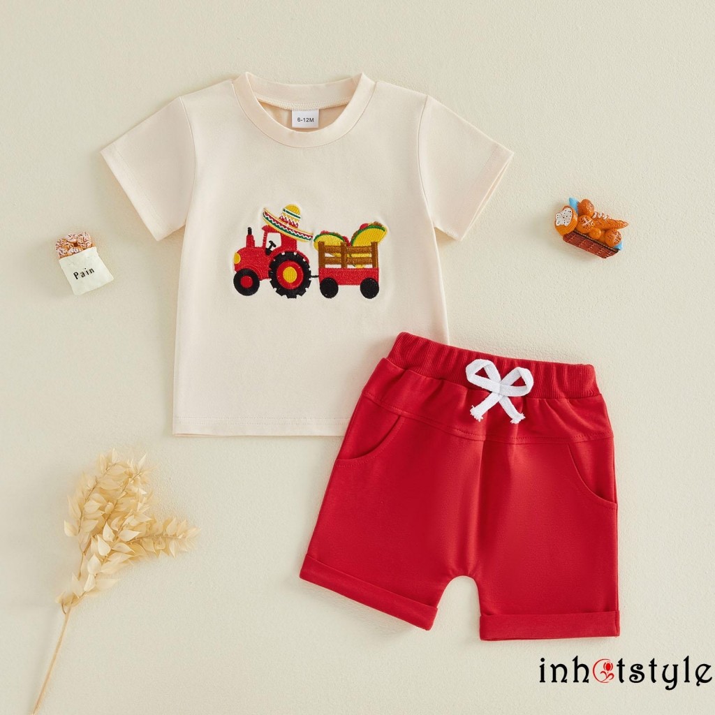 Lalalaak-Toddler Bé Trai Cinco de Mayo Trang Phục Máy Kéo Thêu Cổ Tròn Áo Thun Tay Ngắn Co Giãn Eo Q