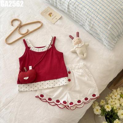 Set Bộ Quần Áo Bé Gái Áo Hai Dây Giả Hai Lớp Chấm Bi Quần Short Đùi Thêu Quả Táo MINTSCLOSET GA2562