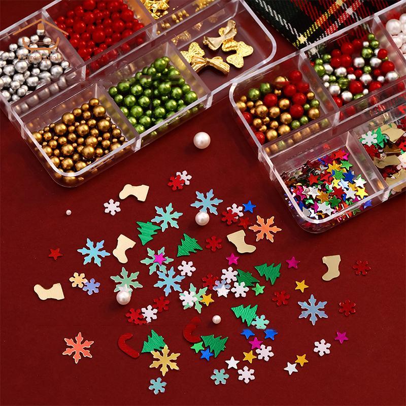 FIN Giáng Sinh Đỏ / Xanh Ngọc Trai Móng Tay Kim Cương Giả Kích Thước Hỗn Hợp Ngọc Trai Hạt Nhiều Màu