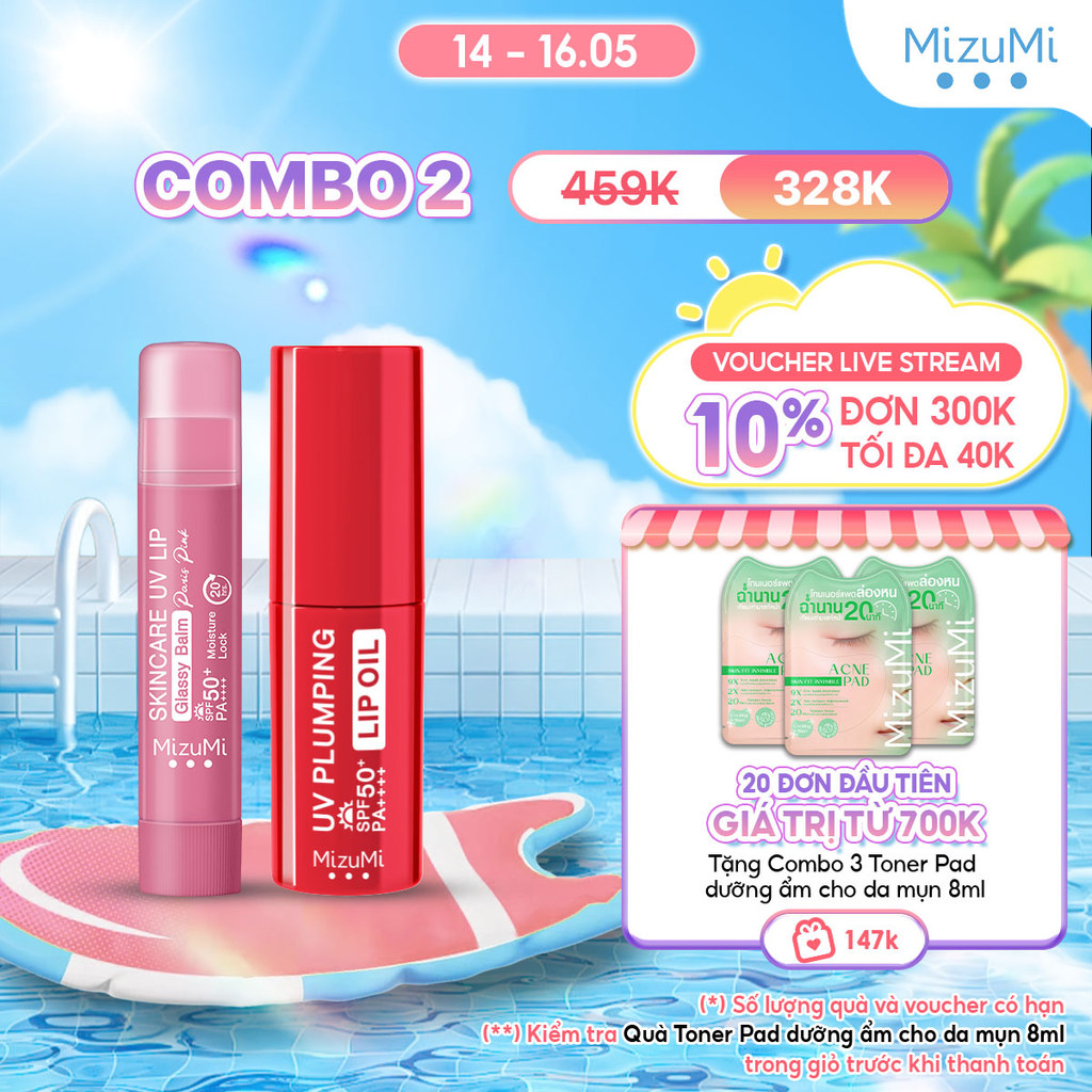 Combo Son dưỡng môi và Dầu dưỡng môi chống nắng MizuMi UV Lip Glassy Balm 3.5g/ Mask 8ml và UV Plump