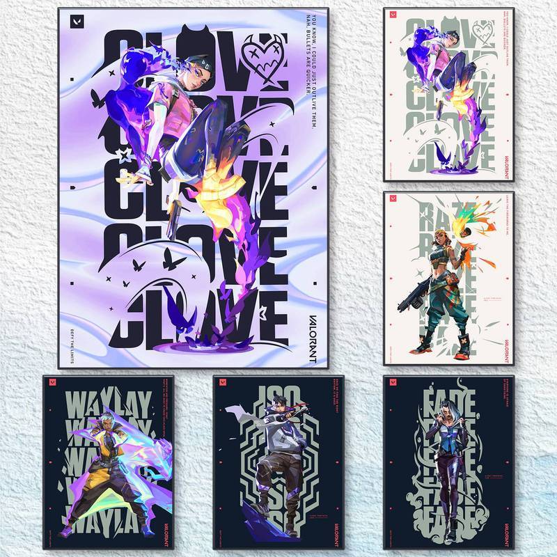Bộ nghệ thuật treo tường Valorant Chibi, Đại lý dễ thương Killjoy Jett & Gekko Canvas In họa tiết kh