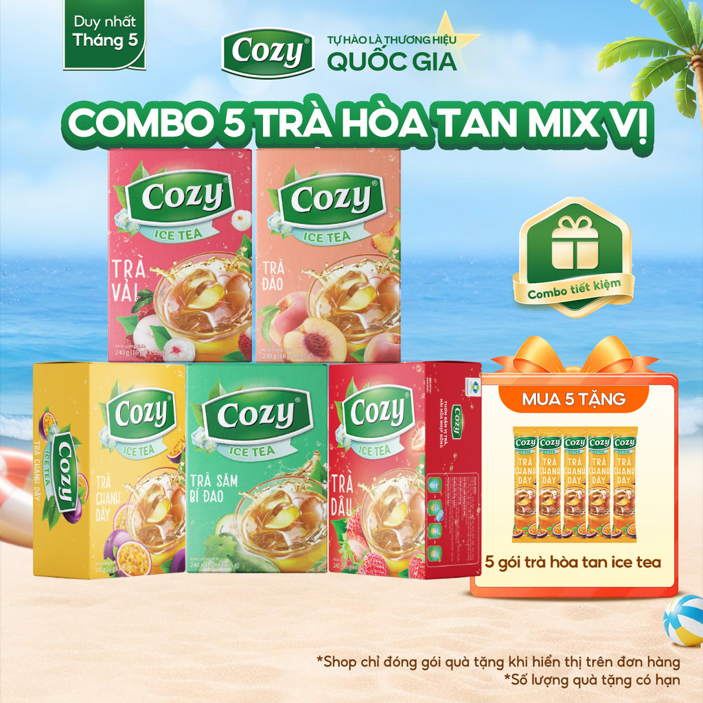 [COMBO 5] Trà Cozy Hoà Tan Ice Tea (5 hộp x 16 gói) Gồm Đào, Dâu, Vải, Chanh Dây,Chanh,Sâm Bí Đao Gi