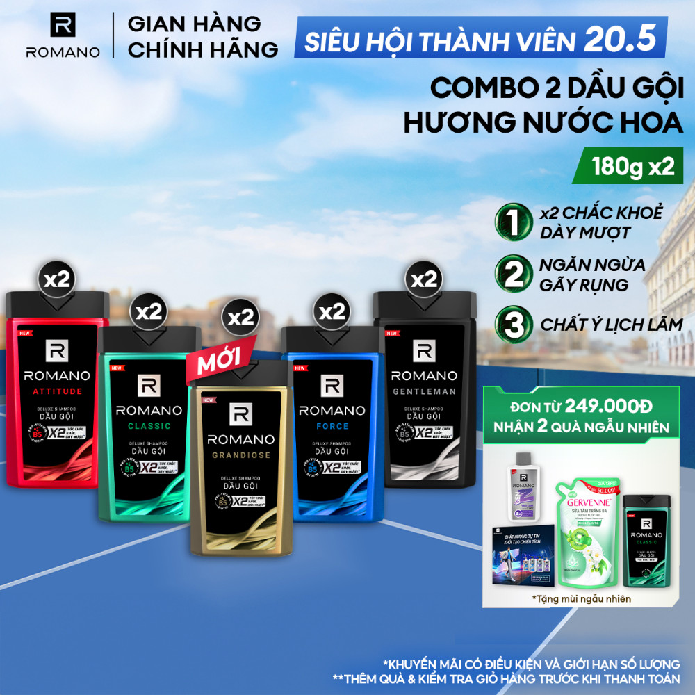 Combo 2 Dầu gội nam Romano hương Nước hoa nam 180g/chai