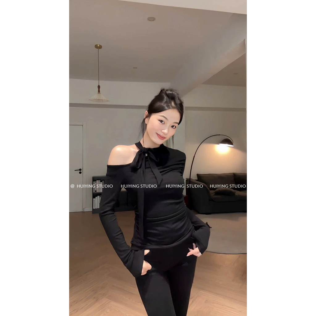 T602 Áo Giữ Nhiệt Lông Thỏ Trễ Vai Thiết Kế Nơ Cách Điệu - T2 Fashion | BigBuy360 - bigbuy360.vn