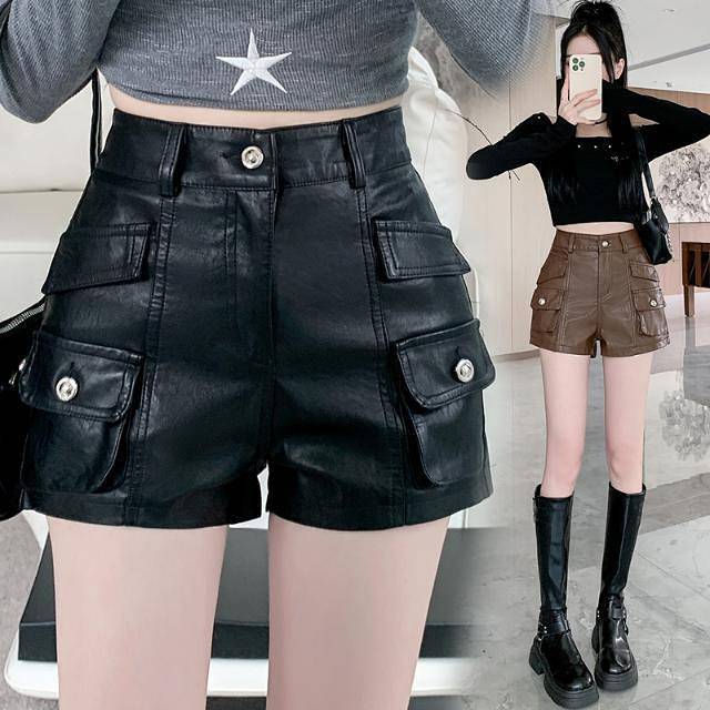 Black PU Leather Shorts Women's Autumn and Winter New High Waist Slimming Hot Pants for Hot Girls Al