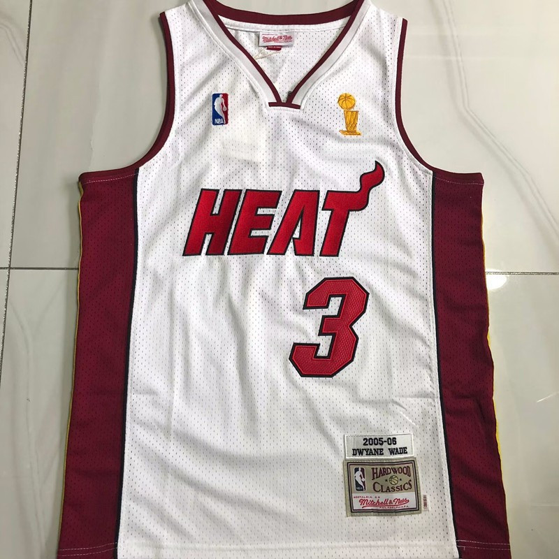 JOCELN Nam Thêu Tinh Tế Miami Heat Dwyane Wade Mitchell Ness 2005-06 Áo Gỗ Cứng Cổ Điển-Trắng / Đỏ
