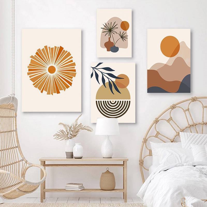Boho Trừu Tượng Sun Wall Art Set, Terracotta & Navy Blue Hình Học Canvas In Khung Chống Thấm Nước Tr
