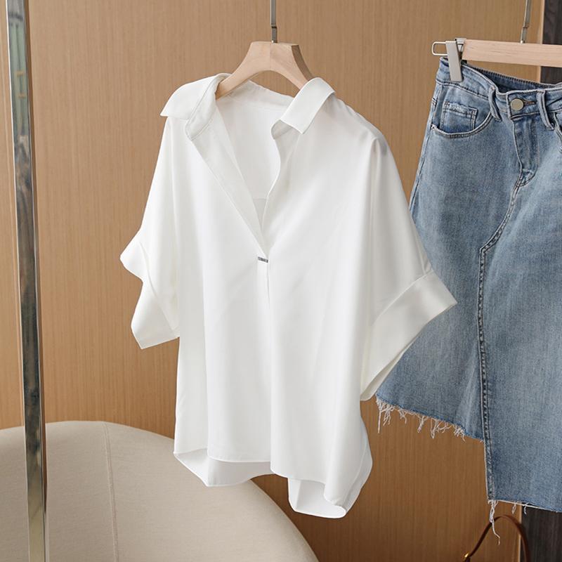 Live Home Live Home Live Home Simple White Top 2026 Áo sơ mi ngắn tay phải có dáng rộng mỏng hơn Nhì