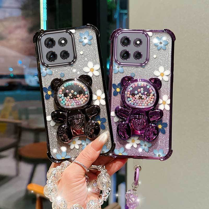 3 chiếc (Vỏ điện thoại hoa trắng + Dây buộc + Chân đế gấu) Thời trang Thích hợp cho Moto G56 / G52 /
