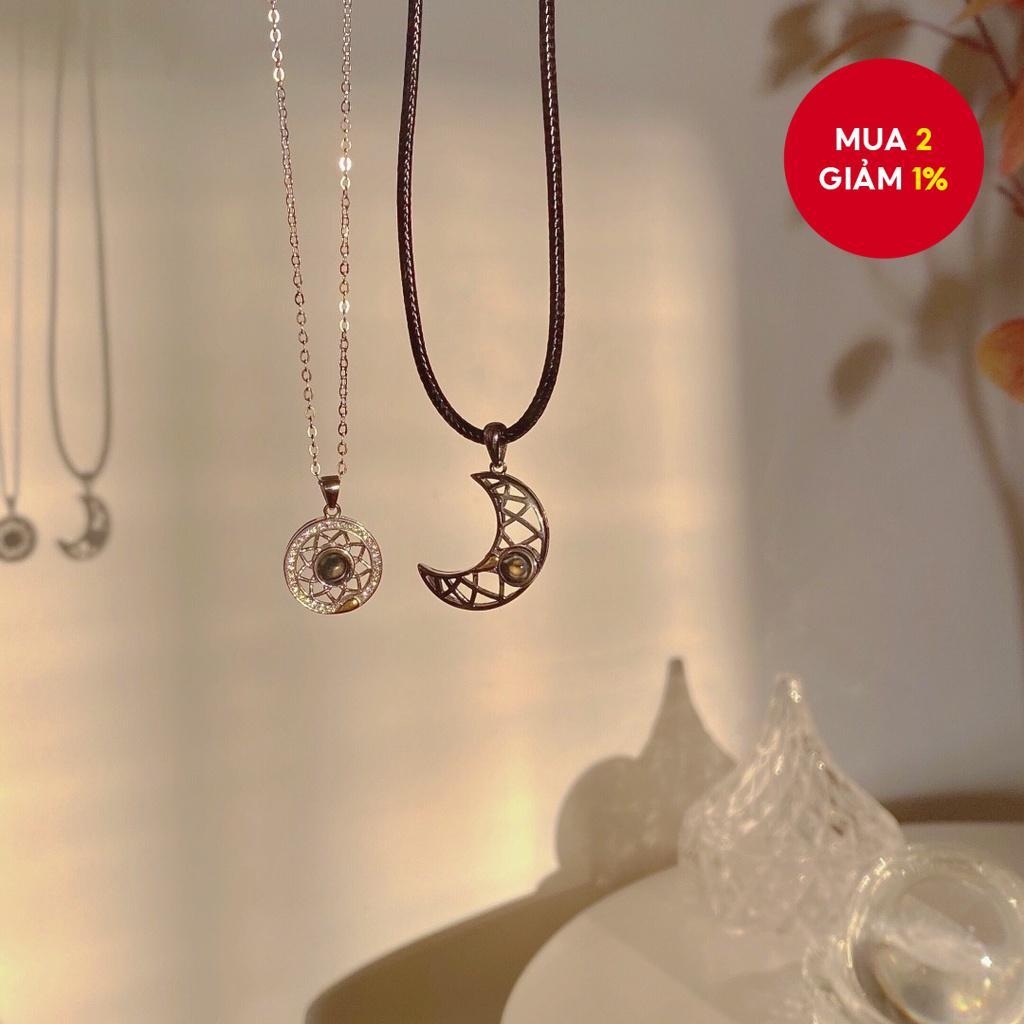 Bộ 2 Mặt Dây Chuyền Cặp Đôi Mặt Trời và Mặt Trăng Hút Hồn, Dây Chuyền Nam Châm Anh Yêu Em 100 Ngôn N