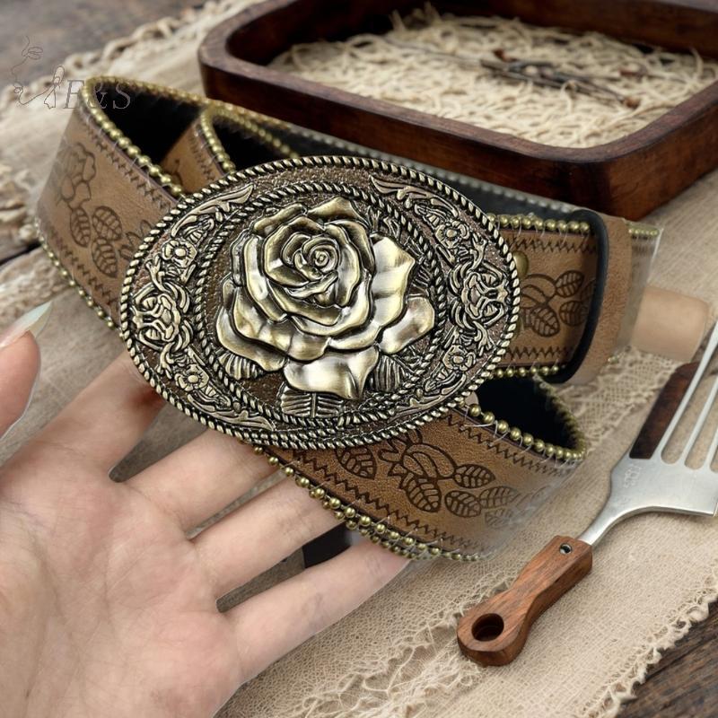 Strongaroetrtomj Vintage Khắc Khóa Thắt Lưng Rộng Boho Nâu Nổi Thắt Lưng Phương Tây Quần Jean Thắt L