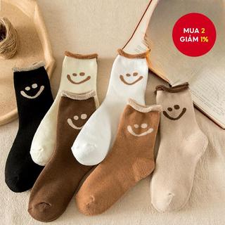 Tất giữ nhiệt mùa đông cho nữ - 1 đôi tất lót lông cừu sang trọng tất nhà họa tiết mặt cười dày ấm áp cho thời tiết lạnh 
