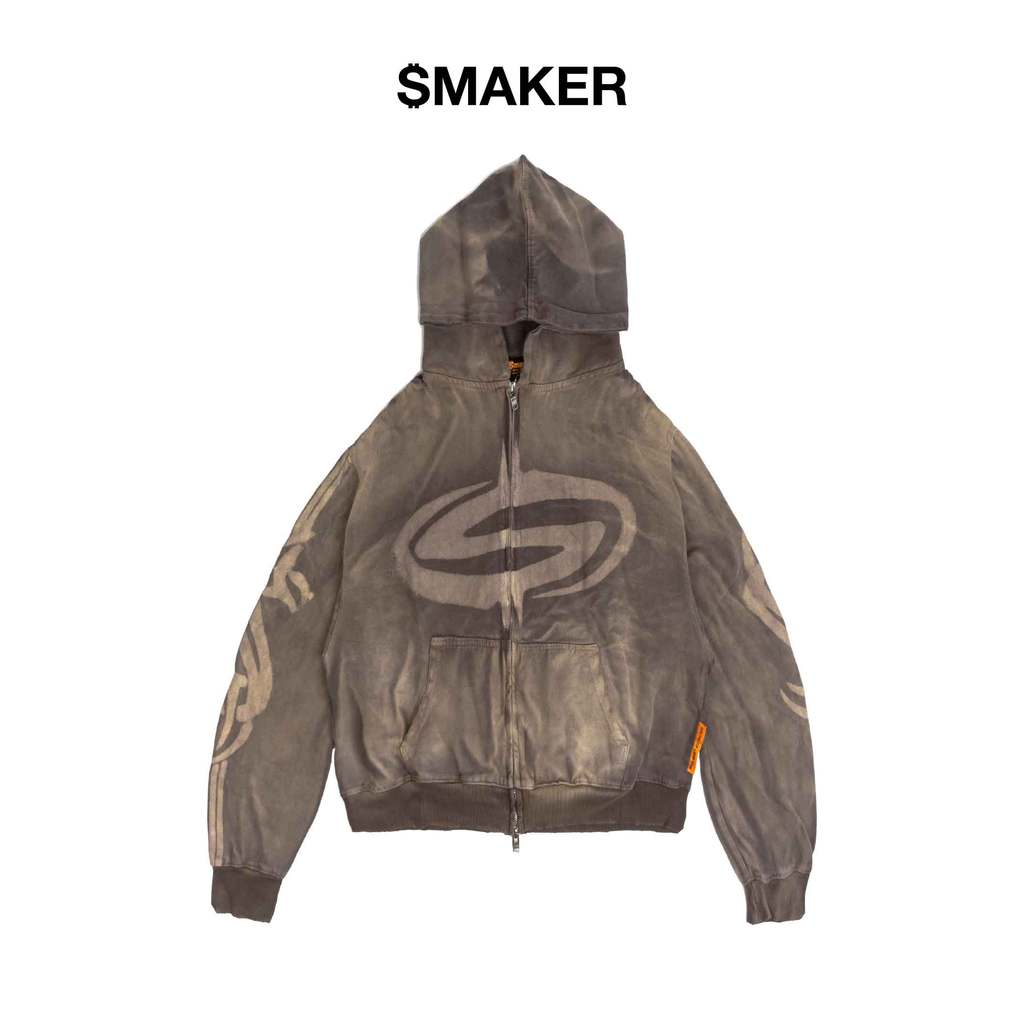 [SMAKER] Áo khoác zip 100% cotton washed màu nâu xám - NEW LOGO WASHED ZIP HOODIE IN BROWN