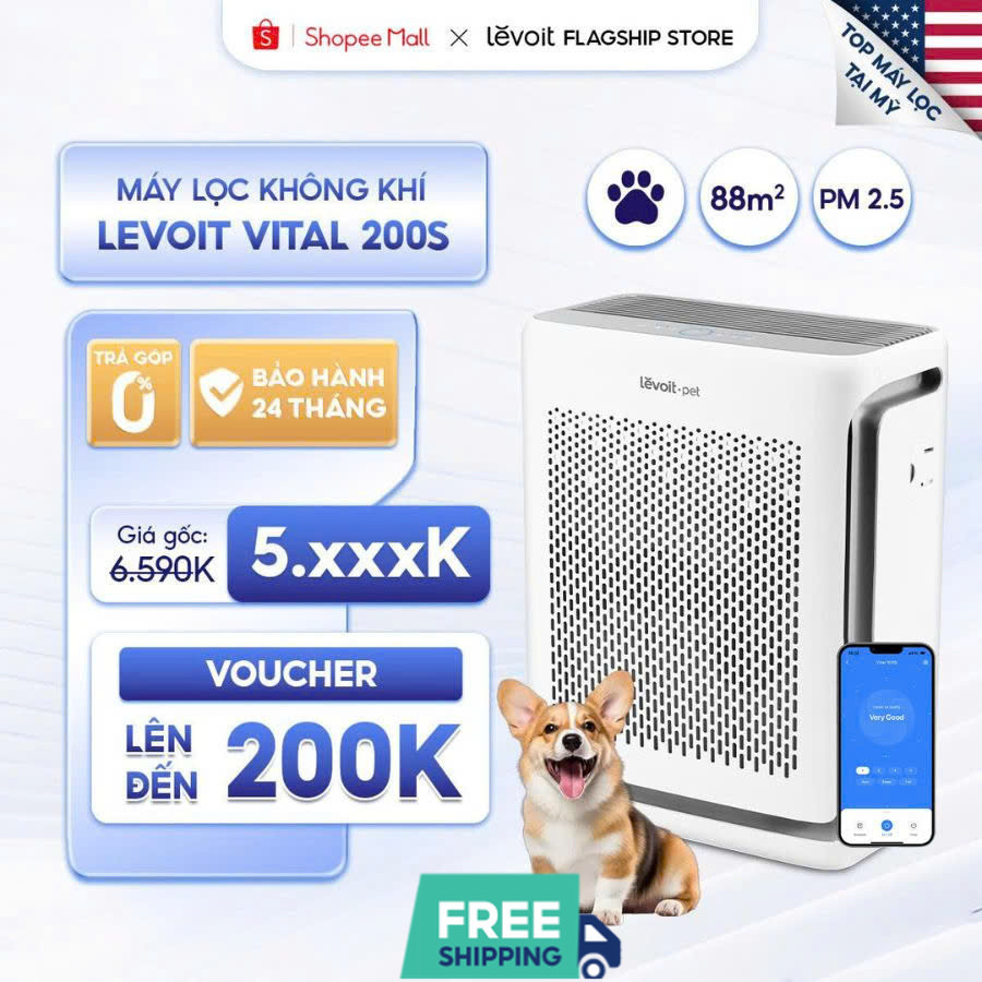  Máy Lọc Không Khí Cho Thú Cưng Levoit Vital 200S 94m2 | Lọc bụi mịn - Khử mùi hút lông - Đèn cảm biến chất lượng 