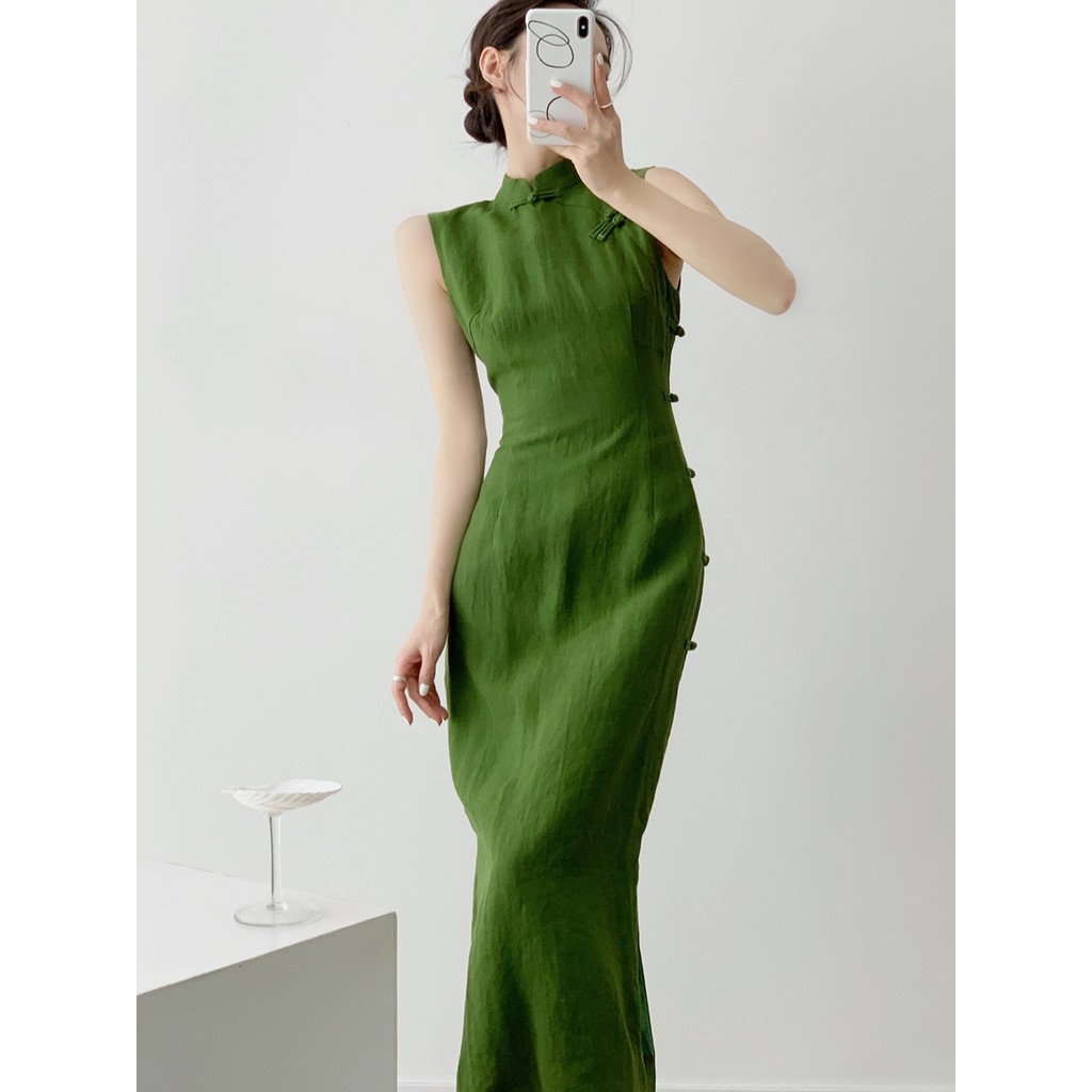 Đầm Cheongsam Phong Cách Trung Hoa Cổ Điển, Đầm Linen Cao Cấp thanh lịch cho Nữ
