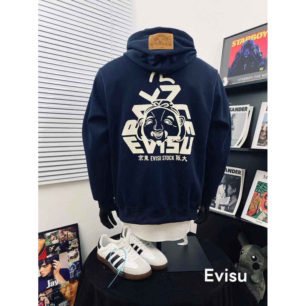 Áo Hoodie EVISU Thiết Kế Đầu Buddha Thêu Tay, Kèm Mũ Trùm Đầu