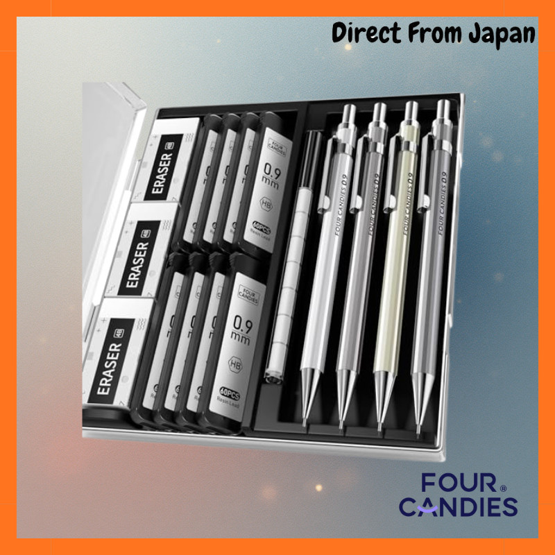 Four Candies Metal Pencil Set 0.5mm, 0.7mm, 0.9mm - 4 Pack with Case, HB Refills and Eraser for Writ